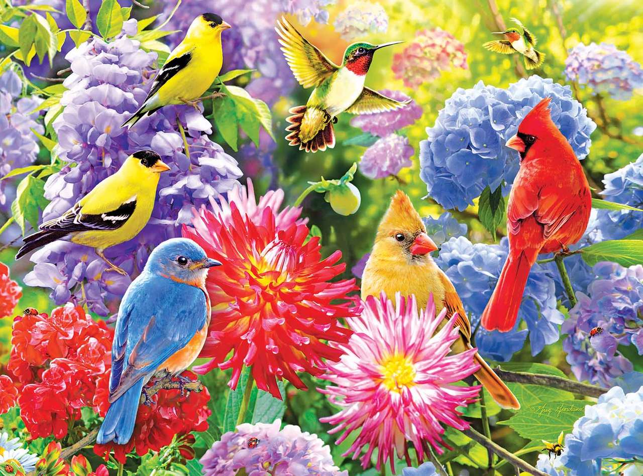 Pássaros coloridos estão trinando entre flores coloridas quebra-cabeças online