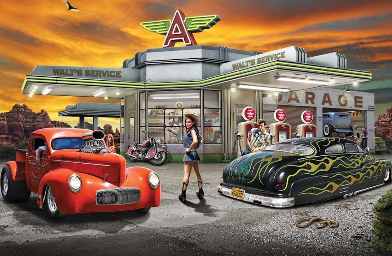 A gas station and cool cars of those years online puzzle