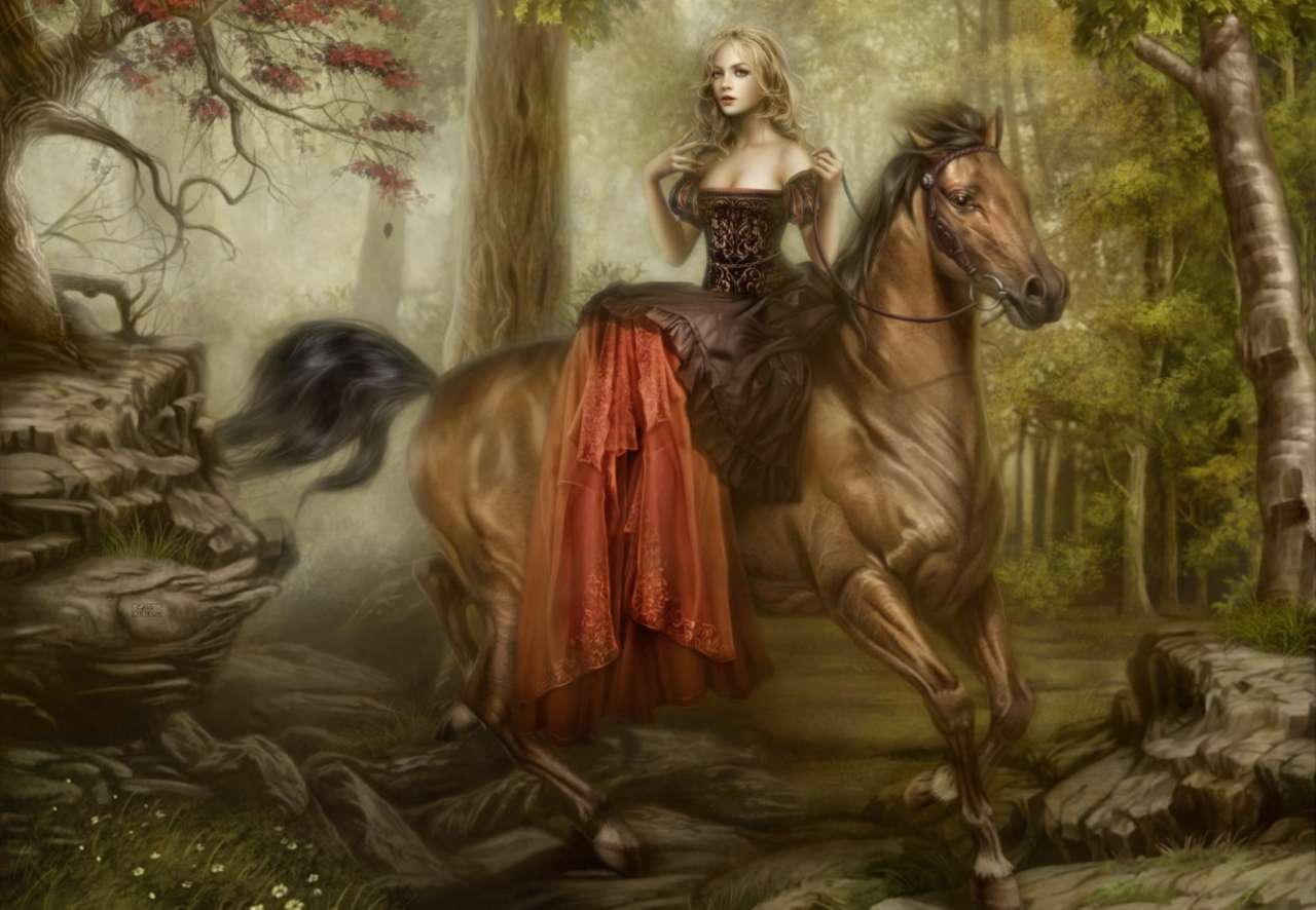 mladá žena na koni v lese online puzzle