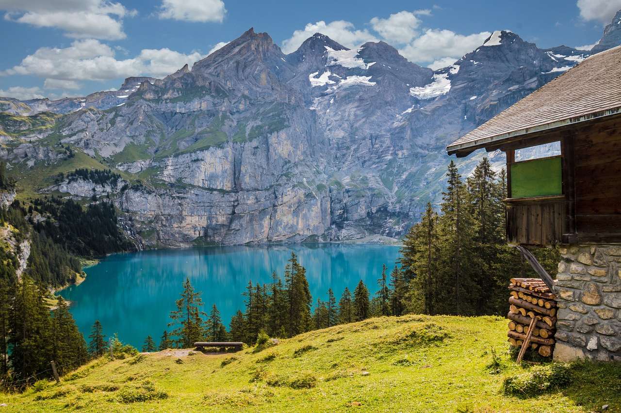 mountains, lake, cottage jigsaw puzzle online