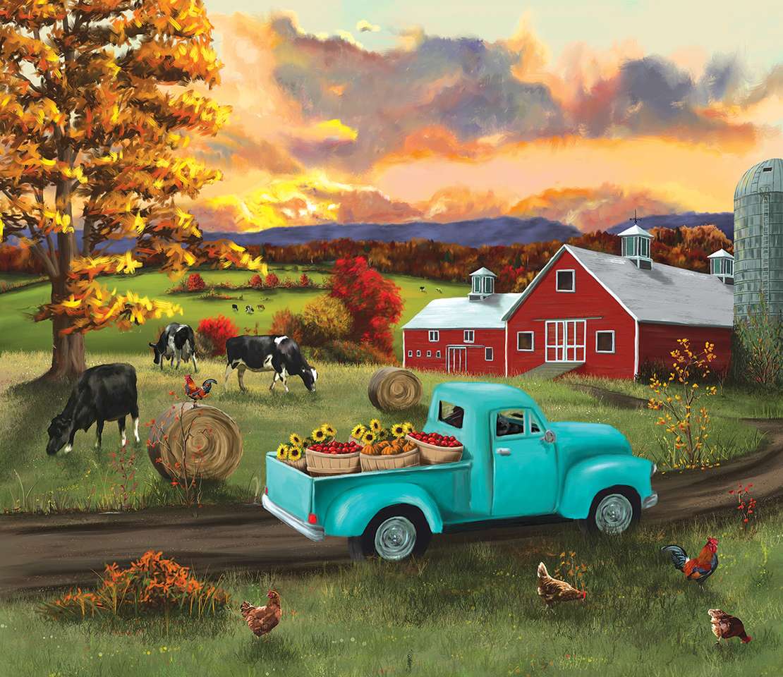 Herbstsonnenuntergang über dem Bauernhof Puzzlespiel online