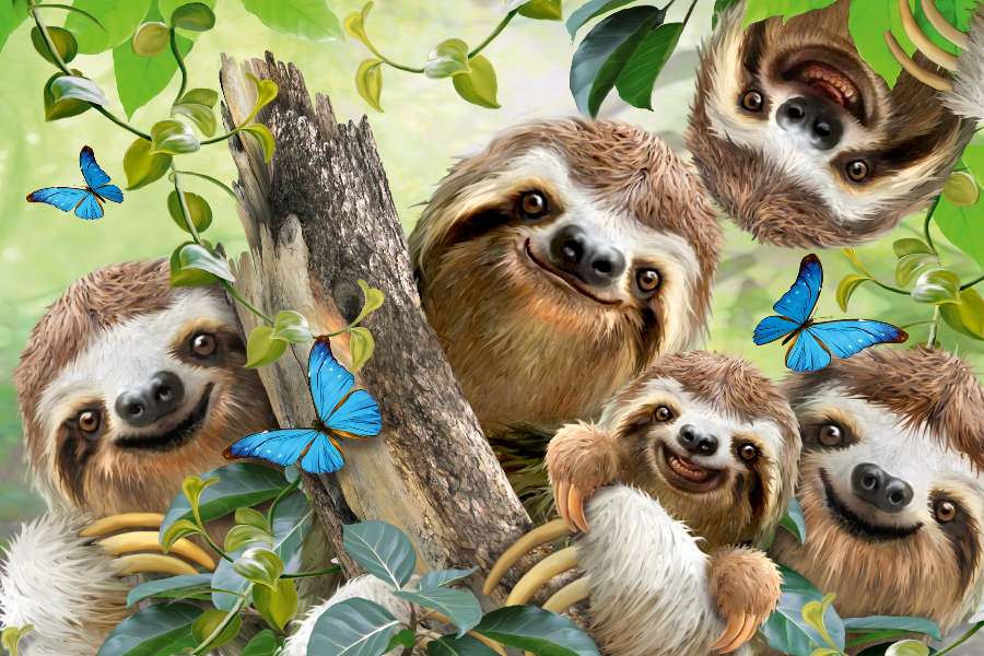 Селфи на щастливи ленивци-мързеливи в джунглата :) онлайн пъзел
