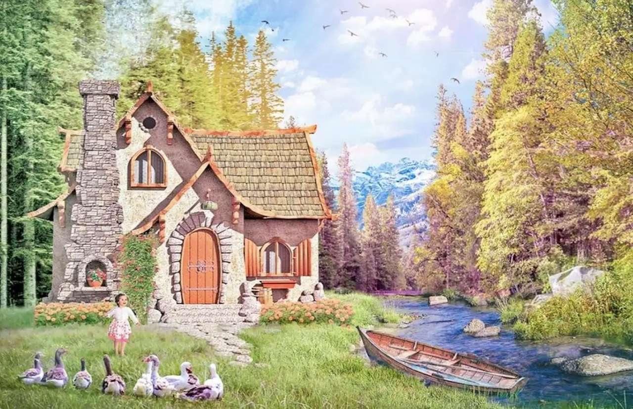Une maison comme un conte de fées dans la forêt au bord d'un ruisseau de montagne puzzle en ligne
