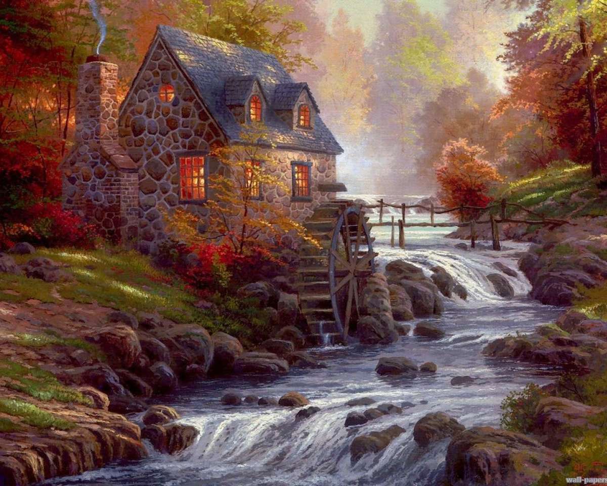 Une maison en pierre, un ruisseau coulant des montagnes puzzle en ligne