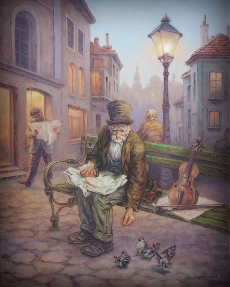 old violinist on a bench feeds the birds online puzzle