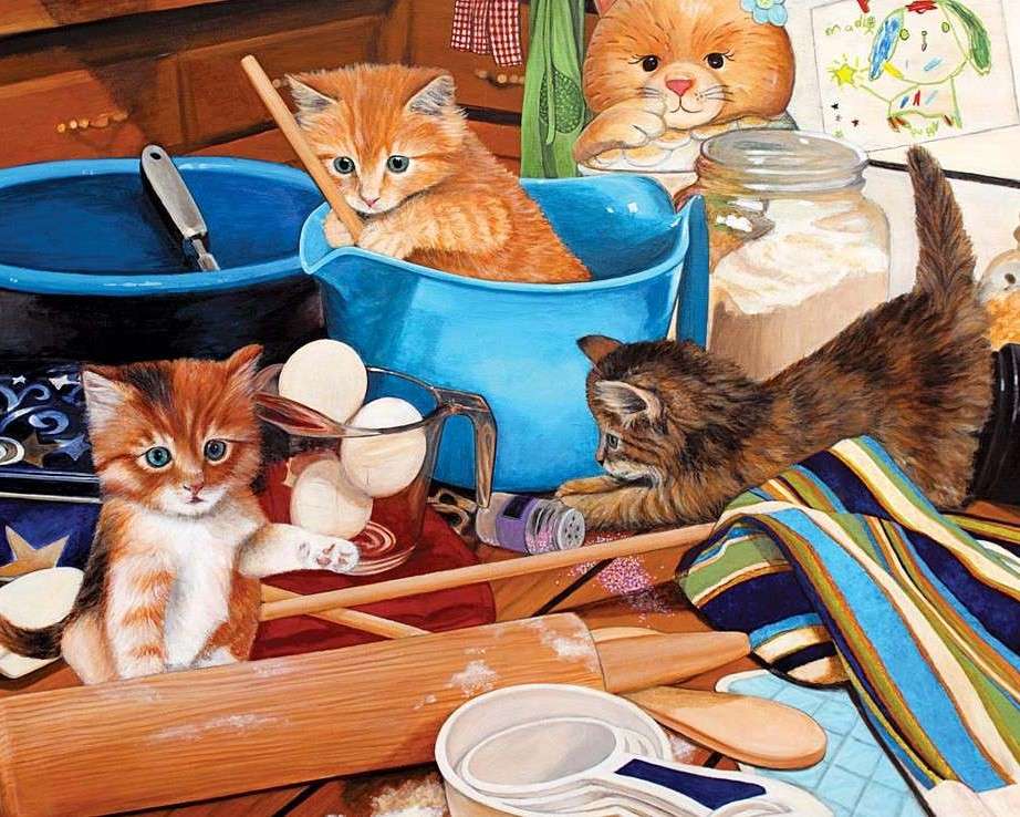 Pisici care se joacă în bucătărie pe masă jigsaw puzzle online