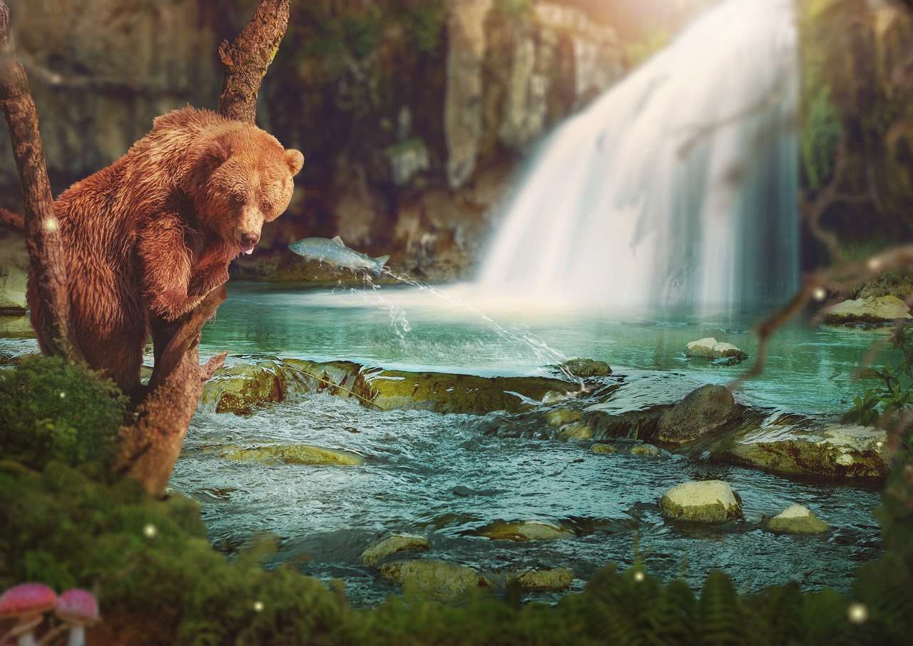 Ours au-dessus de la cascade puzzle en ligne