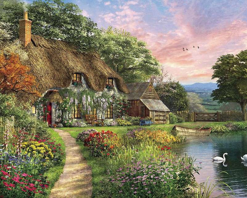 Uma casa com telhado de palha à beira do lago puzzle online