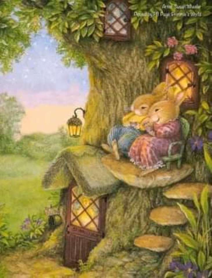 il signor e la signora coniglietto sul loro balcone al tramonto puzzle online