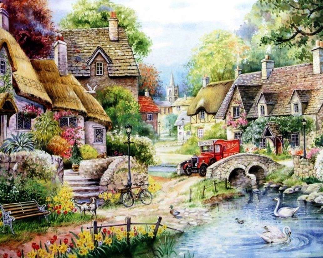 A village with a church jigsaw puzzle online