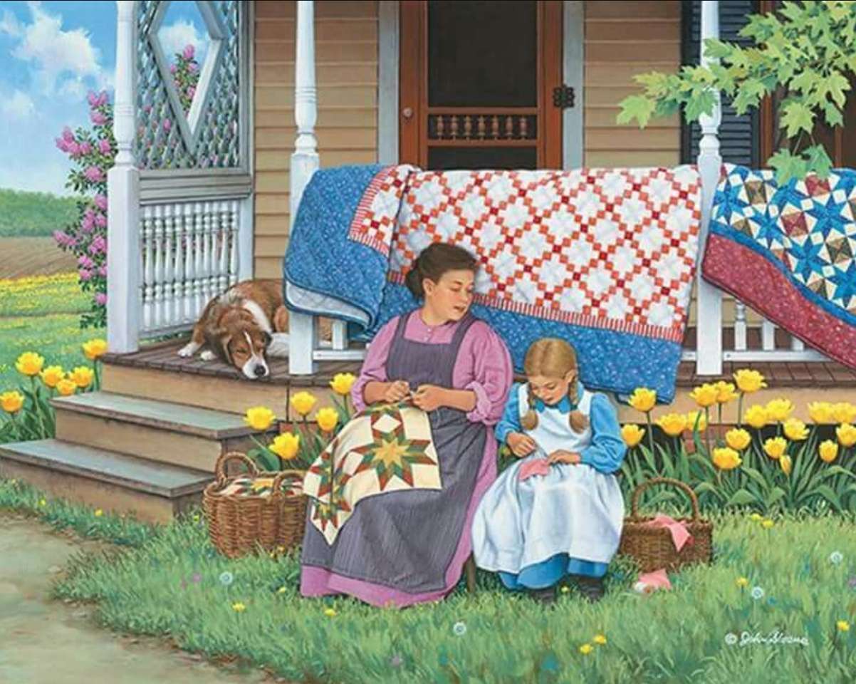 Mother and daughter on the farm sewing jigsaw puzzle online