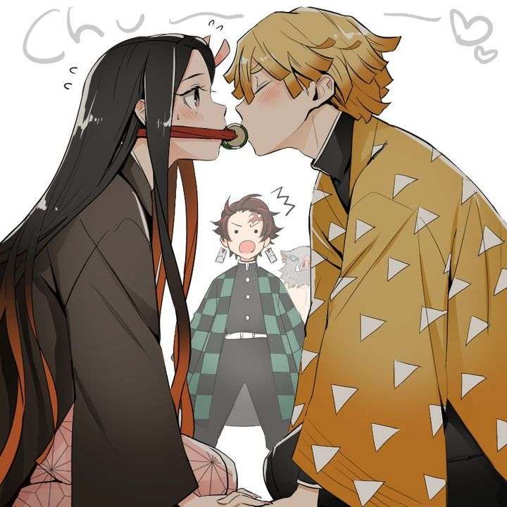 Незуко і Зеніцу цілуються пазл онлайн