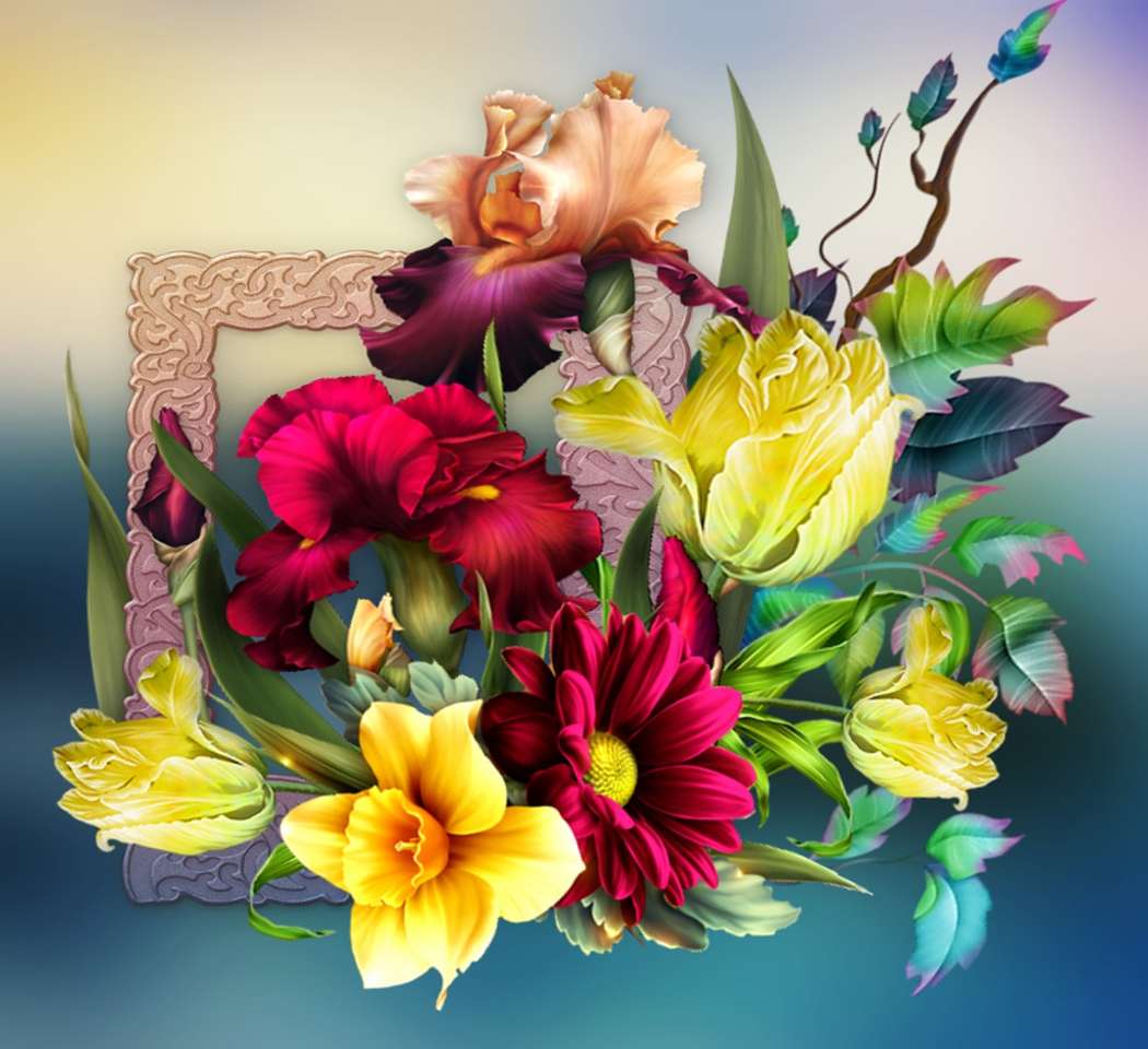 En färgglad bukett med vackra blommor pussel på nätet
