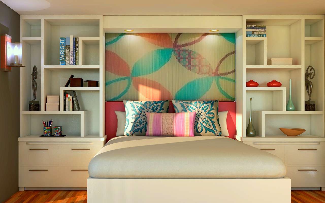 Un dormitorio moderno en hermosos colores. rompecabezas en línea