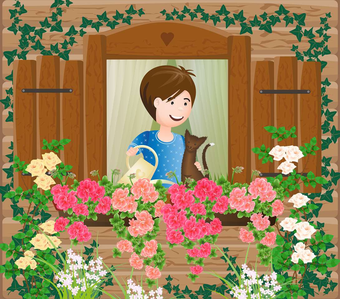 La niña está regando las flores. rompecabezas en línea