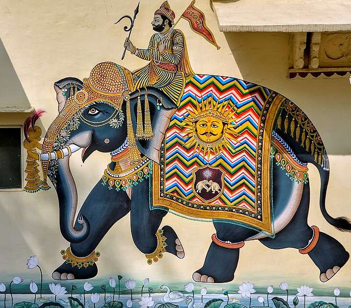 Indien – ein auf die Fassade gemalter Elefant Puzzlespiel online