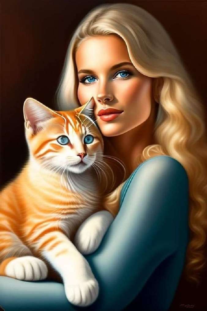 modrooká blondýnka a kočka skládačky online