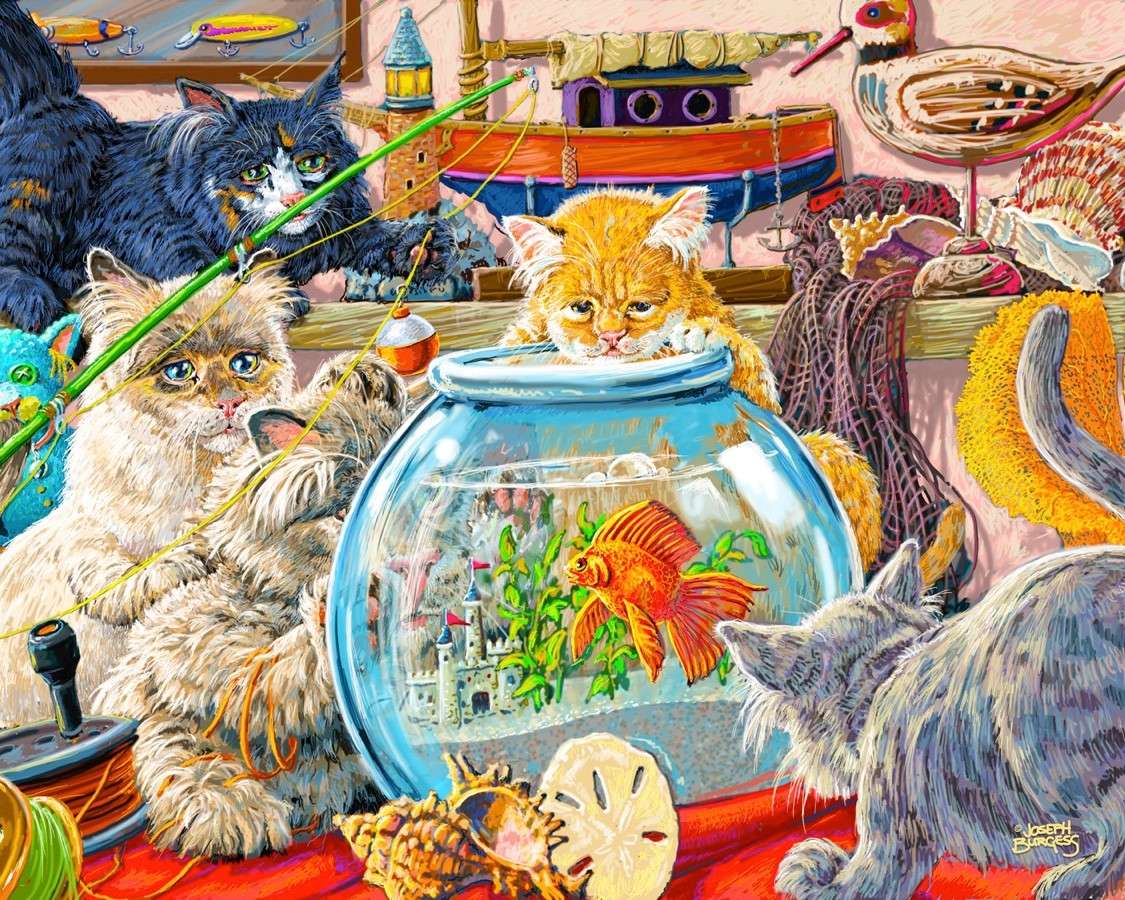 Пазлы котята собранные. Пазл художник. Пазл котята и рыбки.