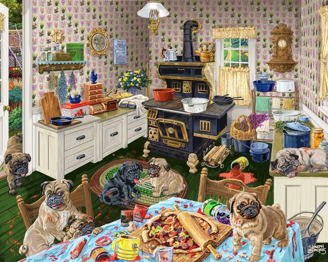 Cachorros fazendo bagunça na cozinha puzzle online