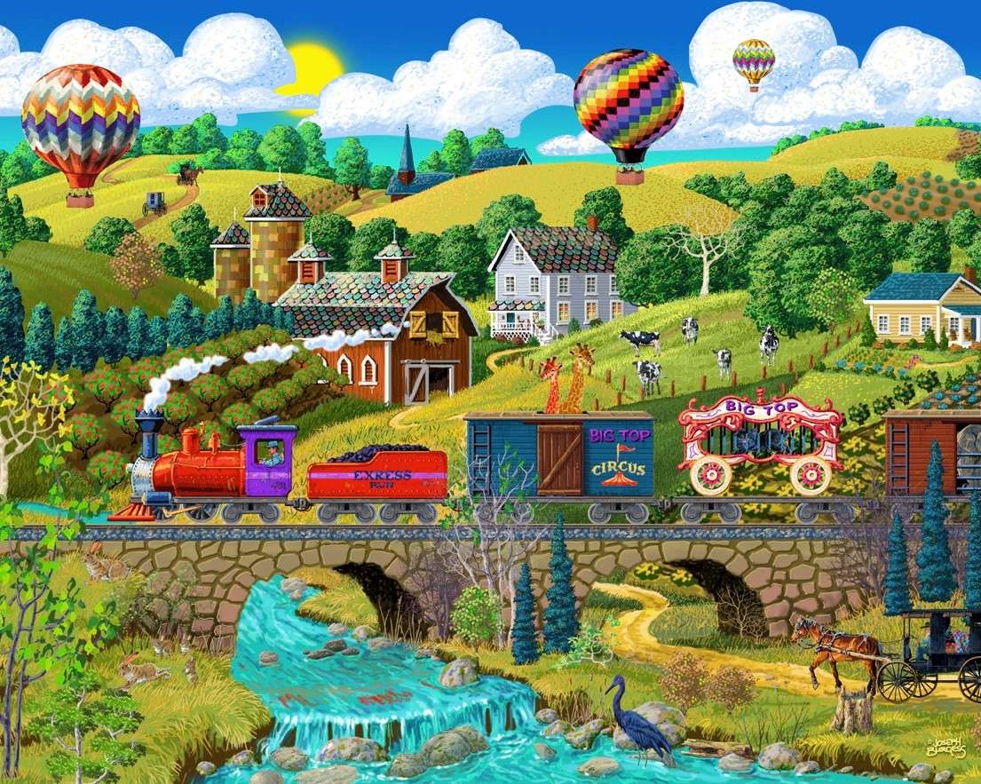 Train on the bridge in the town jigsaw puzzle online