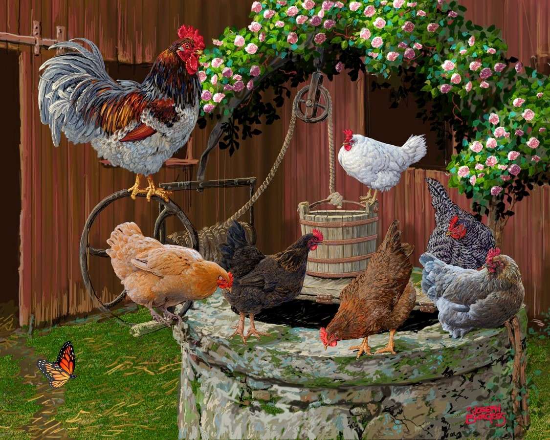 Găini cu un cocoș pe o fântână veche puzzle online