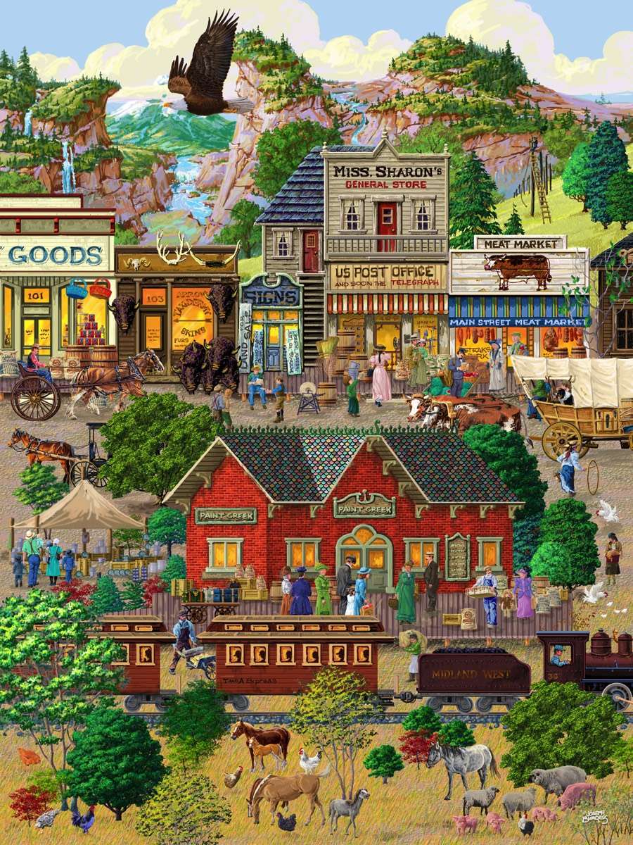 Railway station and shops in the town online puzzle