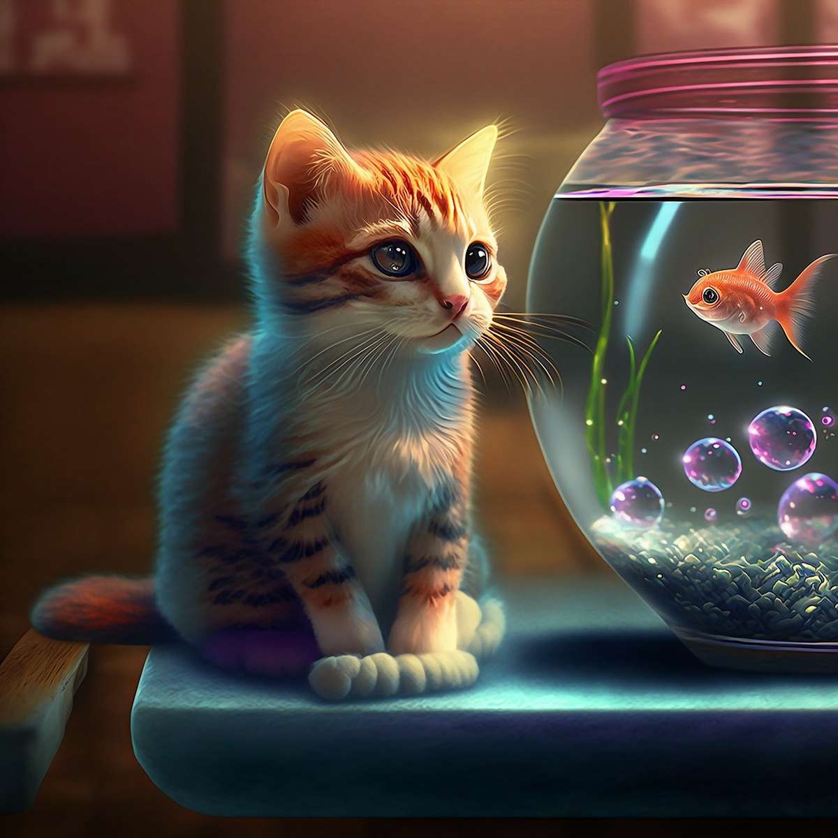 En kattunge och en fisk pussel på nätet