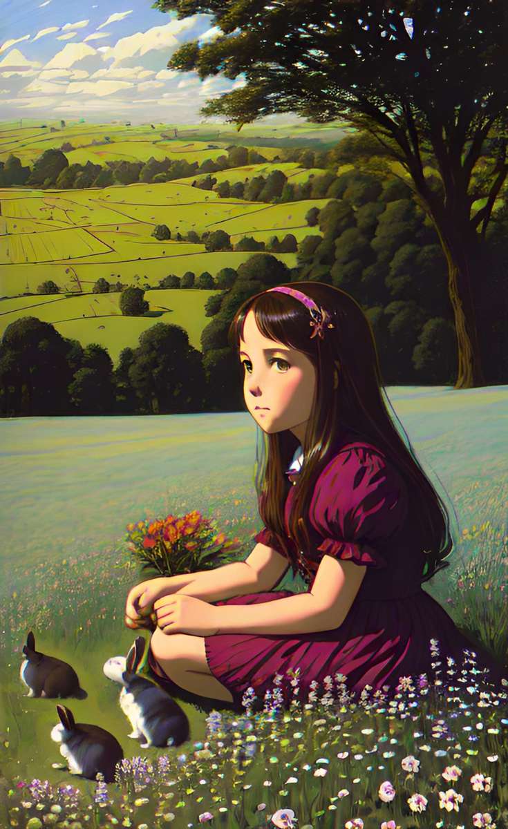 Chica sentada en un prado con conejos rompecabezas en línea