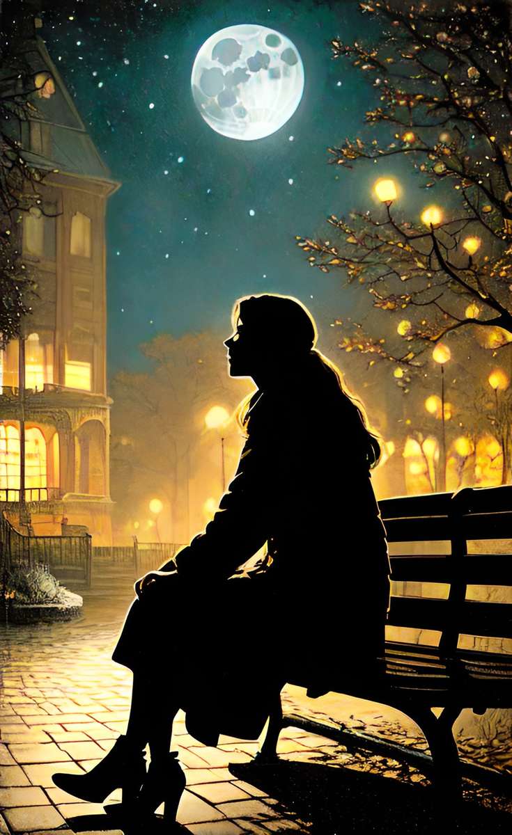A lady sitting on a bench under the moon online puzzle