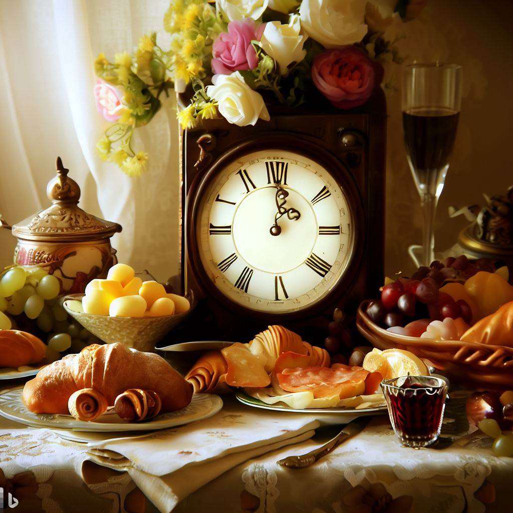 Стар часовник сред цветя и добра храна онлайн пъзел