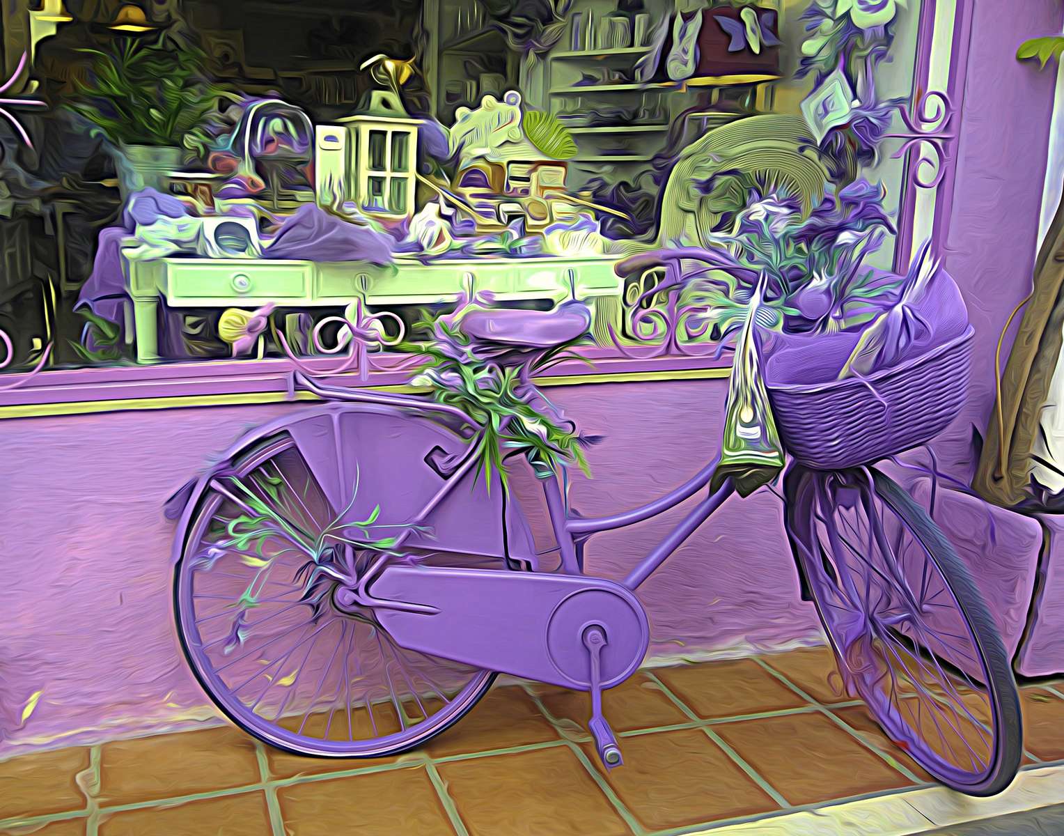 Una bicicleta lila debajo de la vitrina: una composición artística rompecabezas en línea