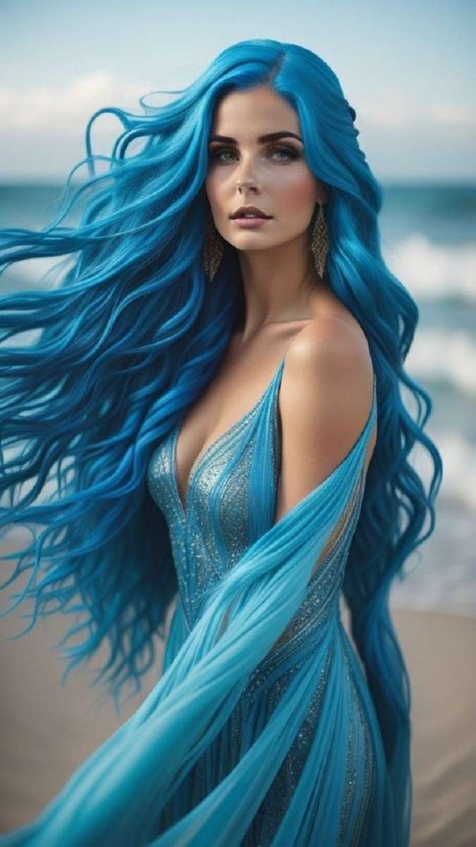 синя рокля, синя коса онлайн пъзел