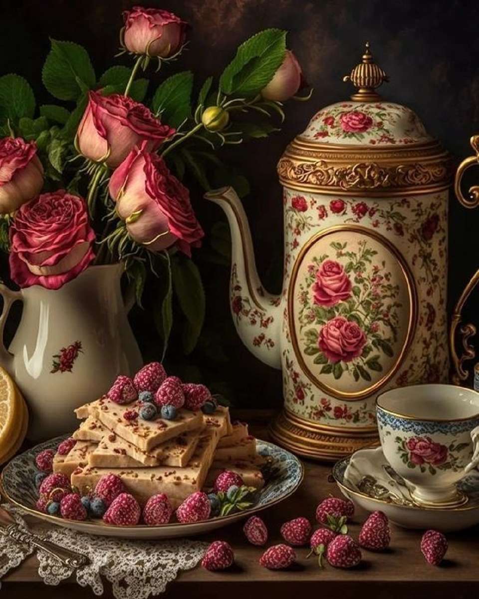 Рози, чай и сладкиши с ягоди онлайн пъзел
