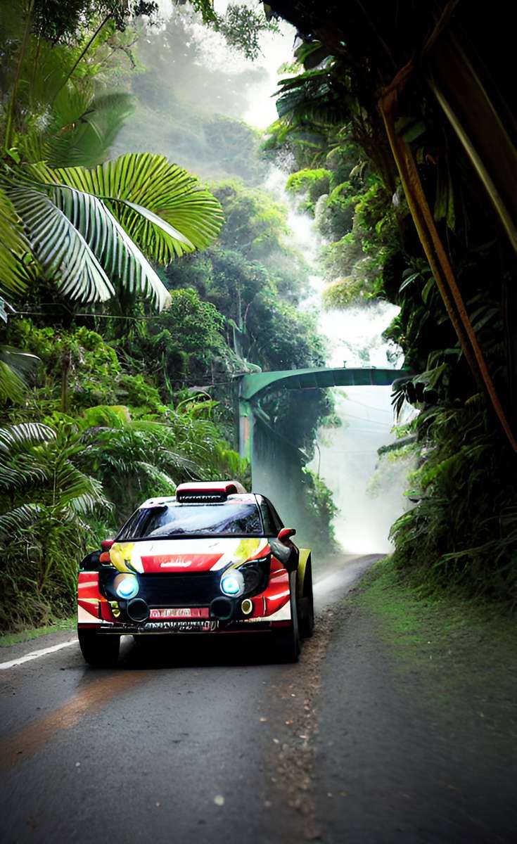 Раллийный автомобиль на дороге в джунглях пазл онлайн