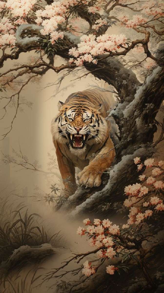 tigre, fiore di ciliegio puzzle online