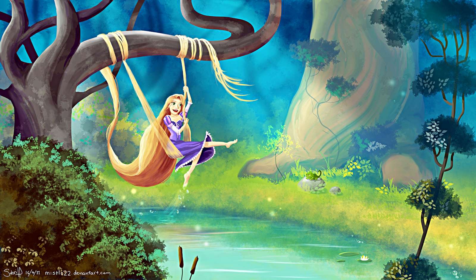 Rapunzel houpající se na stromě skládačky online