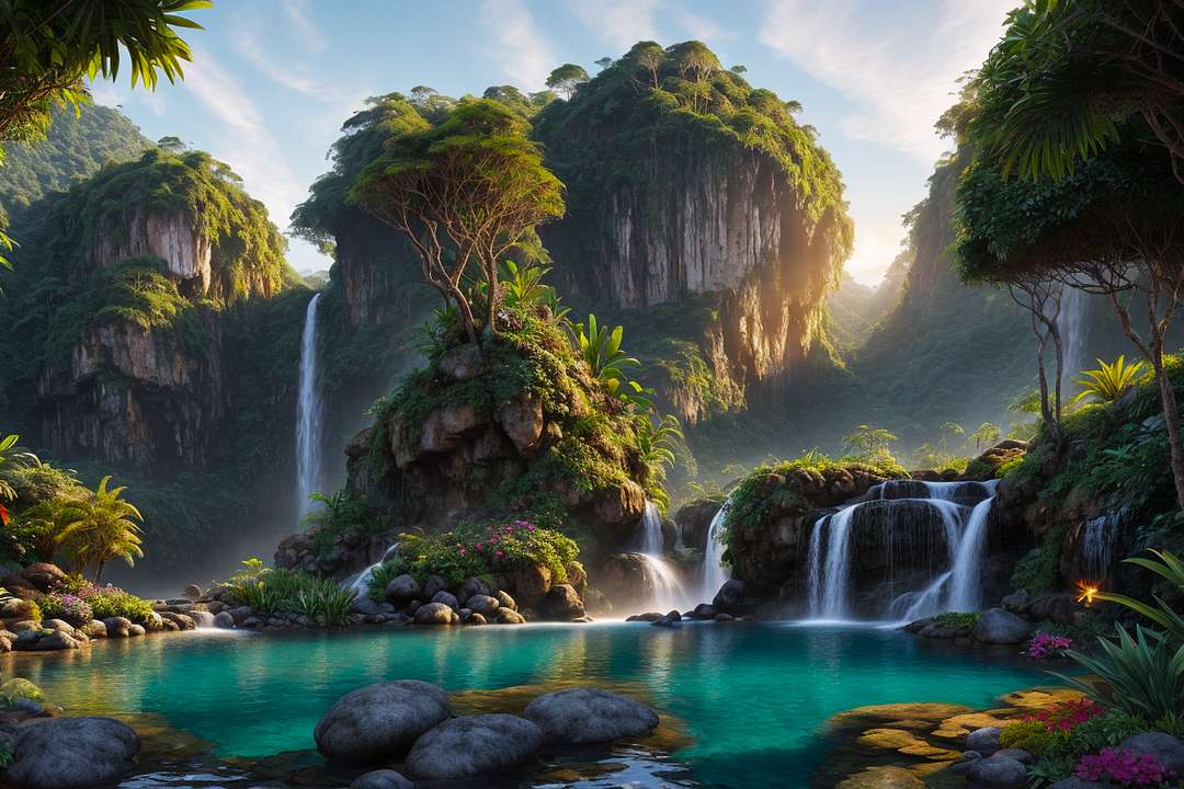 Долината на водопадите (фентъзи изображение) онлайн пъзел