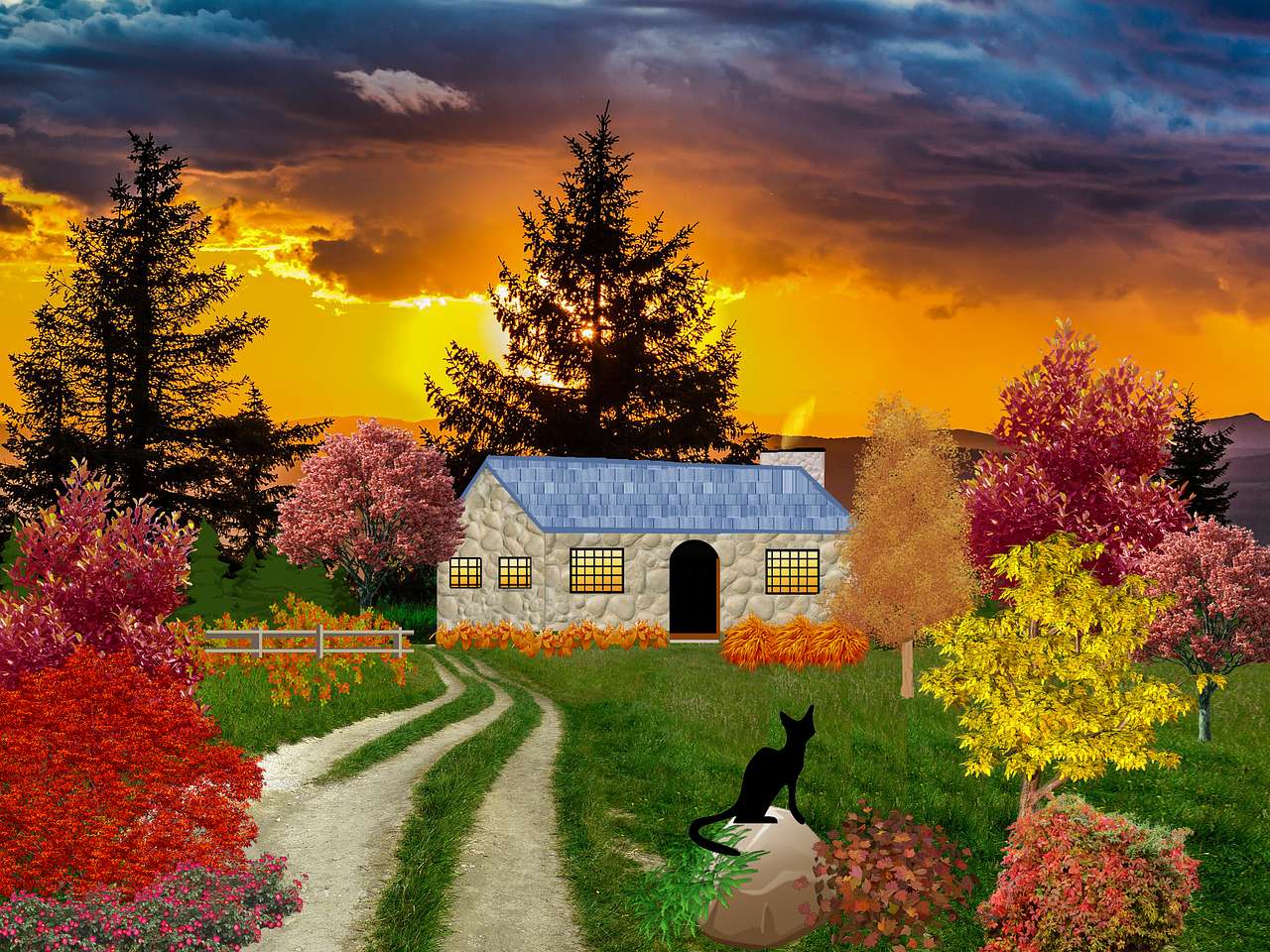 Sunset in the countryside online puzzle