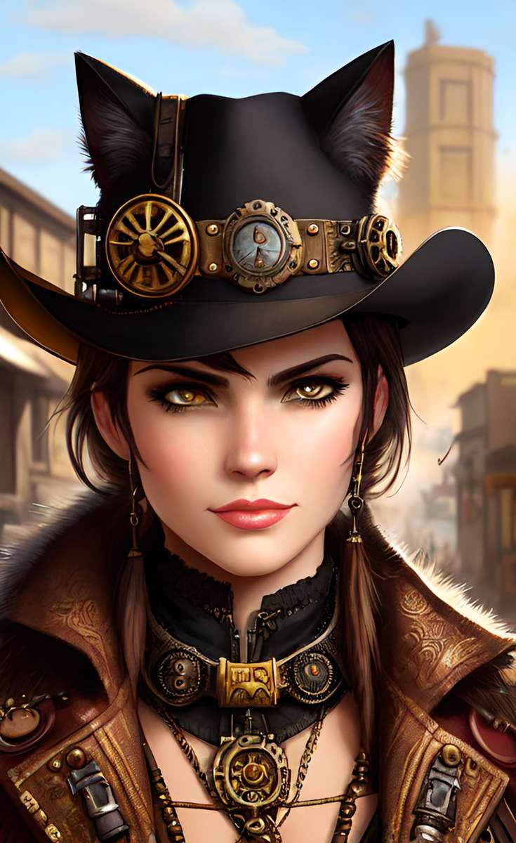 Steampunk cowgirl in a city online puzzle