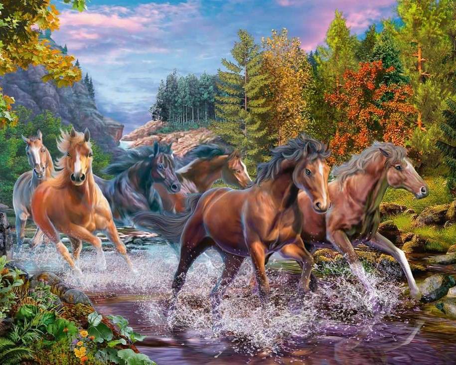 Koně cválající přes řeku online puzzle
