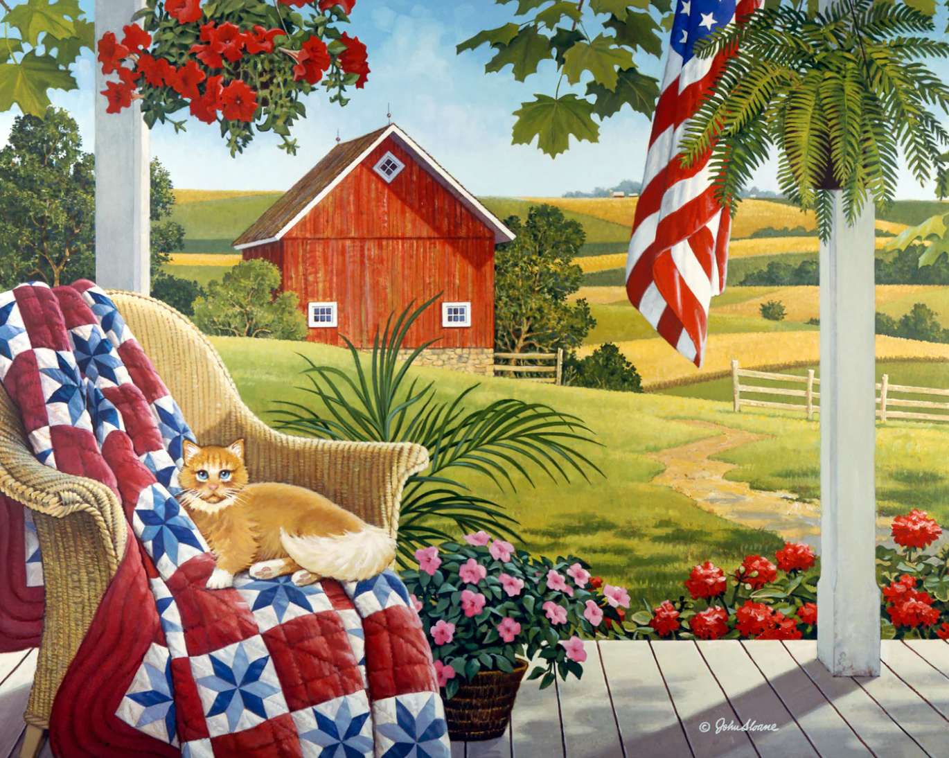 Pisica pe verandă, peisajul rural american jigsaw puzzle online