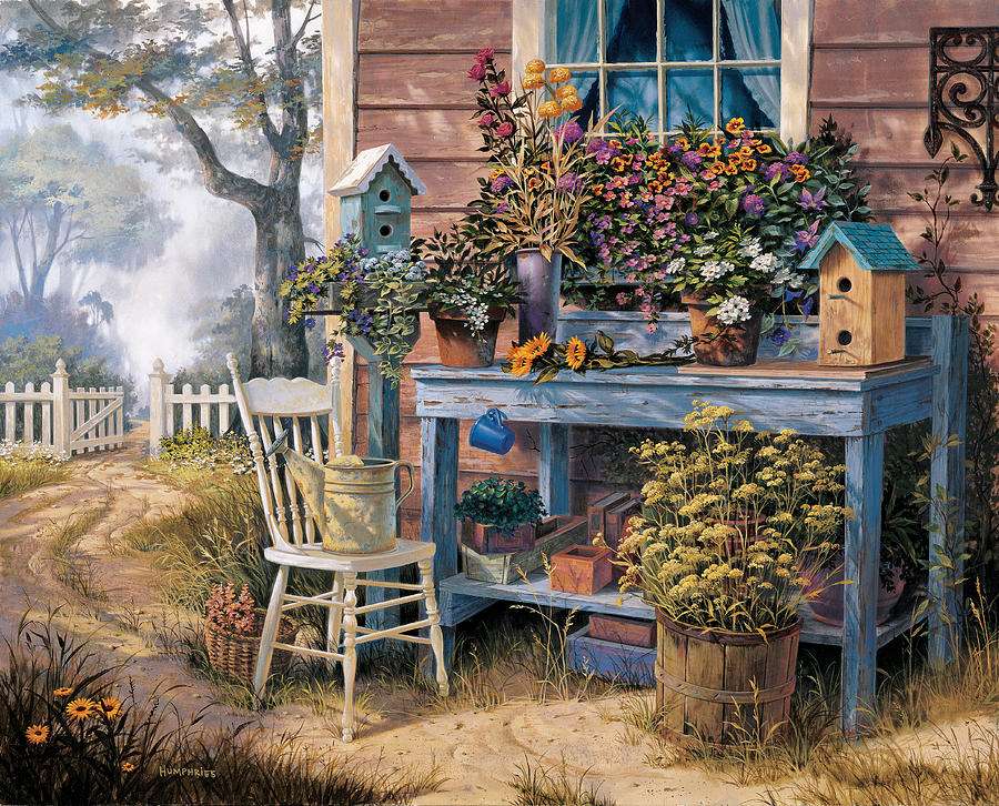 Image peinte. Des fleurs devant la maison puzzle en ligne