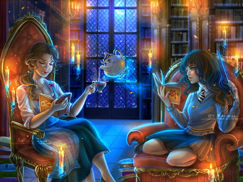 Hermiona a Belle v knihovně online puzzle