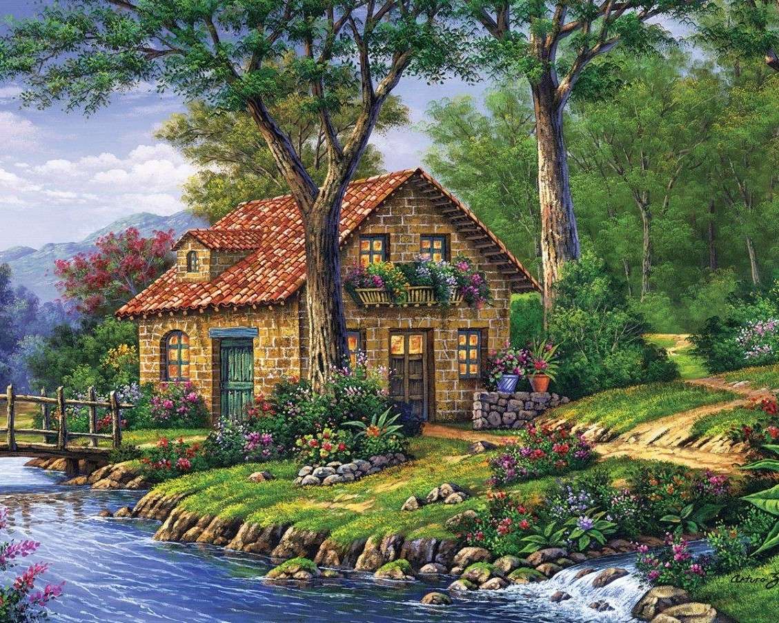 Une maison au bord de la rivière avec un pont puzzle en ligne