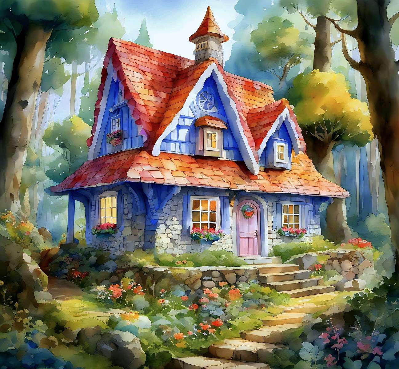 Ein blaues, märchenhaftes Haus im Wald Puzzlespiel online