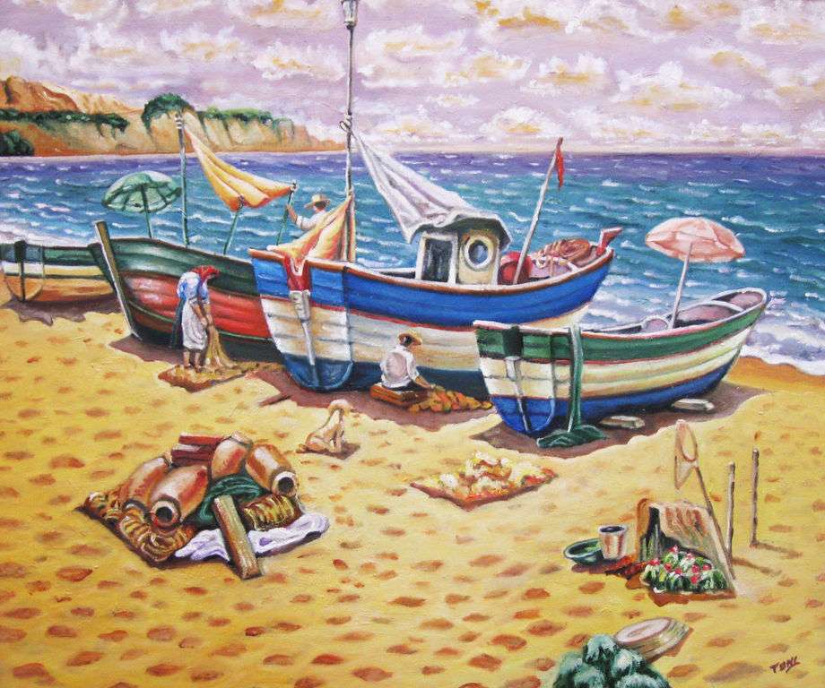 Sea shore with boats online puzzle