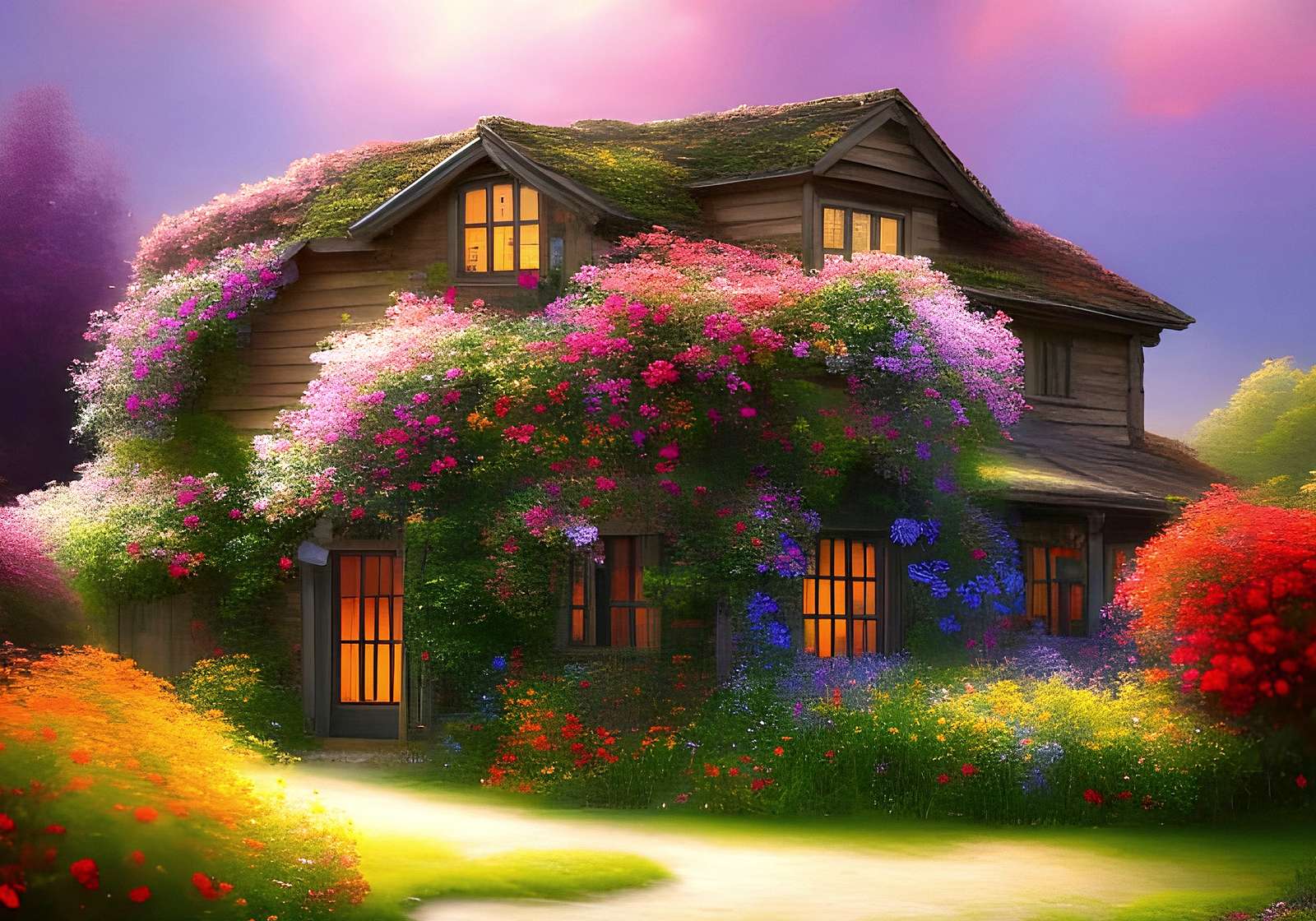 A magical house among flowers online puzzle