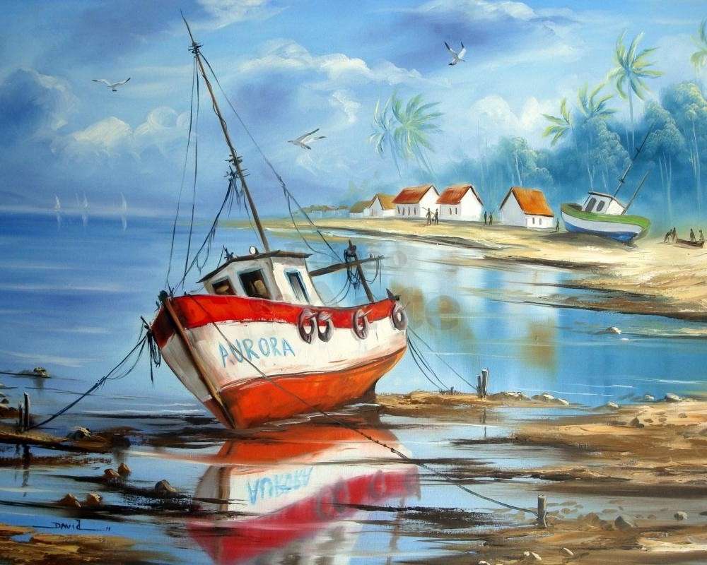 Нарисованная картина. Рыбацкая лодка на берегу пазл онлайн