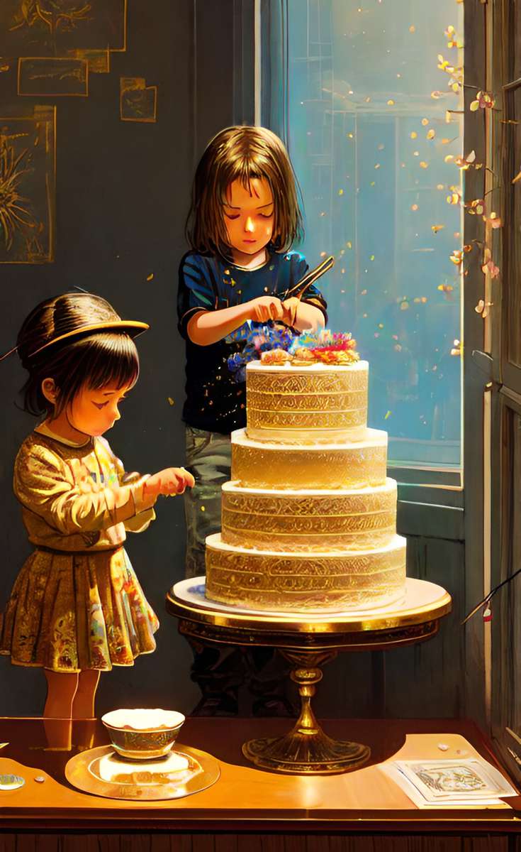 Двое детей делают большой торт онлайн-пазл