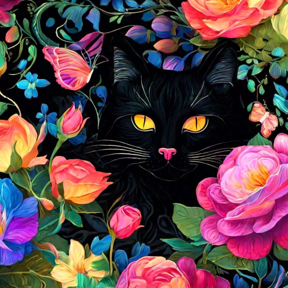 Cat among flowers (painting) jigsaw puzzle online